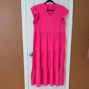 Bright Pink Tiered Midi Dress with Flutter Sleeves